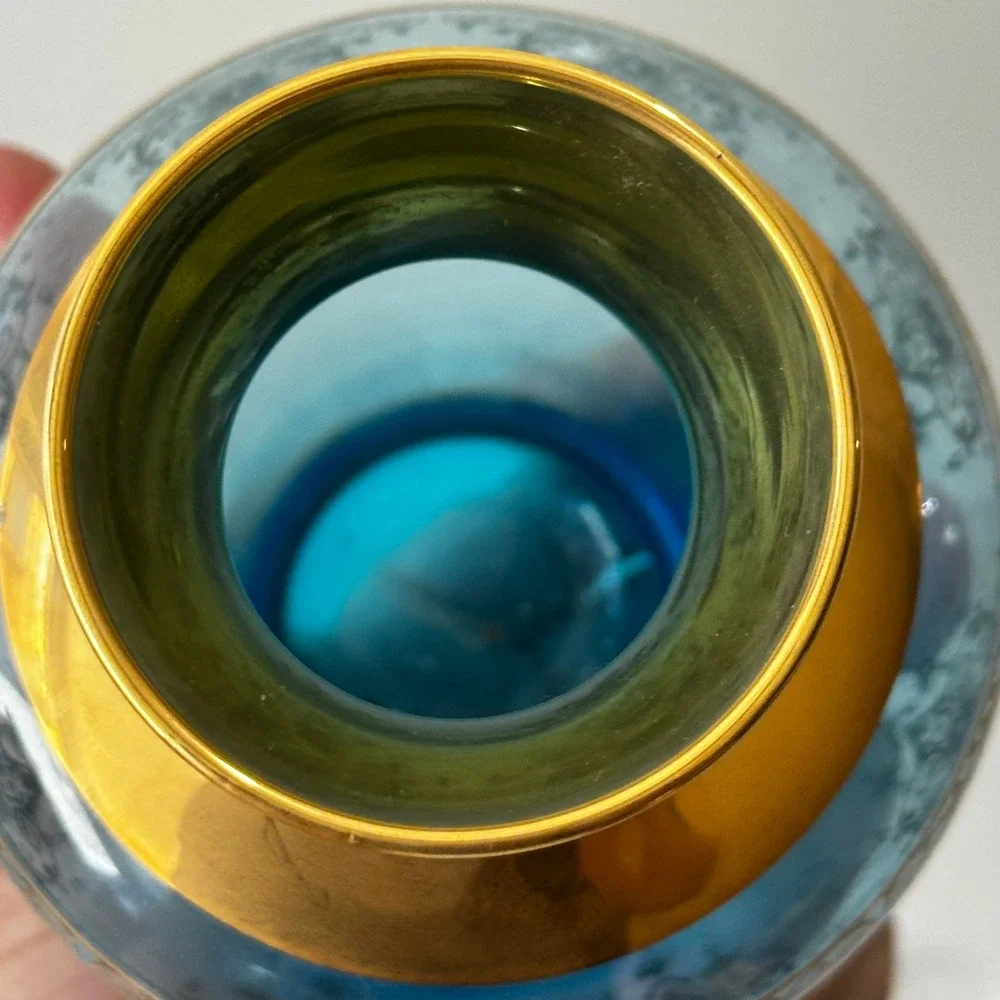 Vintage Venezia Turquoise Blue Glass Bud Vase Gold Painted Filigree Trim 5